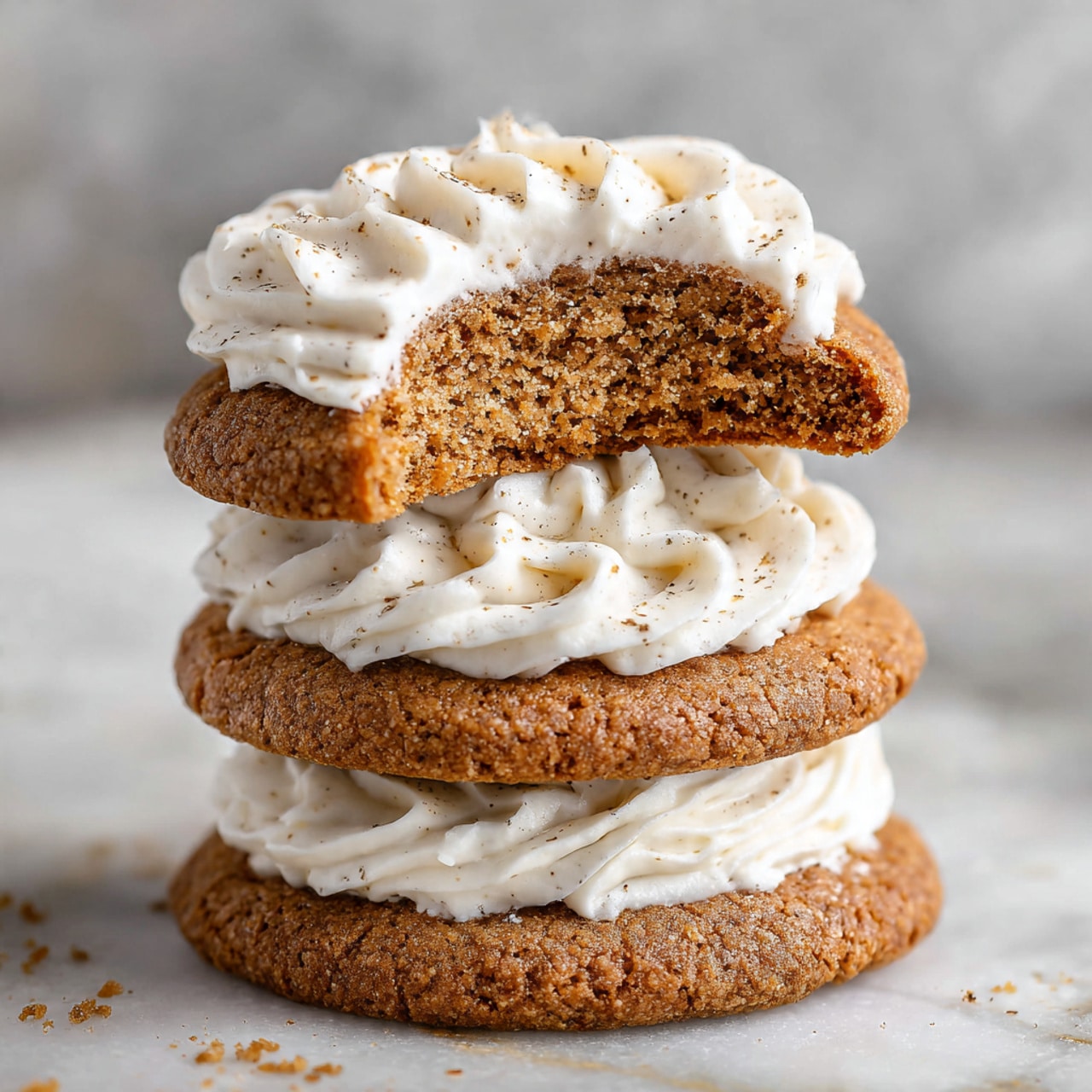 The image shows a tall stack of three brown cookies with a rough texture, each separated by a thick layer of white creamy frosting that has small specks inside. On the top cookie, there is more white frosting swirled decoratively, and the cookie has a bite taken out of it, revealing a crumbly inside. The stack sits on a white marbled surface, and the background is blurred with a soft gray and white pattern. Photo taken with an iphone --ar 4:5 --v 7