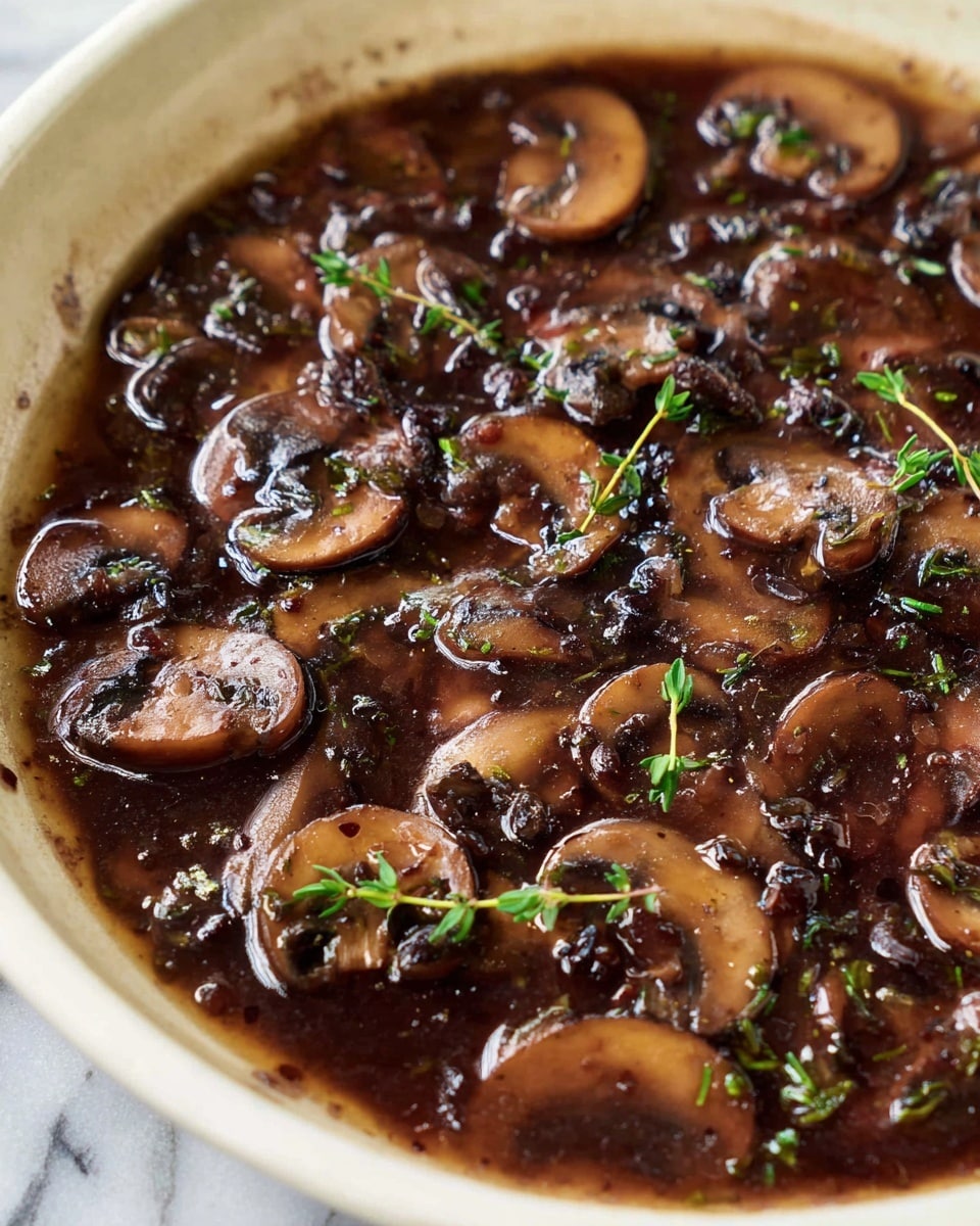 The image shows a shallow white bowl filled with a single rich layer of dark brown mushroom sauce, with many slices of cooked mushrooms evenly spread throughout. The mushrooms are covered in a shiny, thick liquid that reflects light, giving a moist look. Small green herb leaves, likely thyme, are scattered on top, adding a fresh contrast to the dark sauce. The white marbled surface beneath the bowl is slightly visible at the edges. Photo taken with an iphone --ar 4:5 --v 7