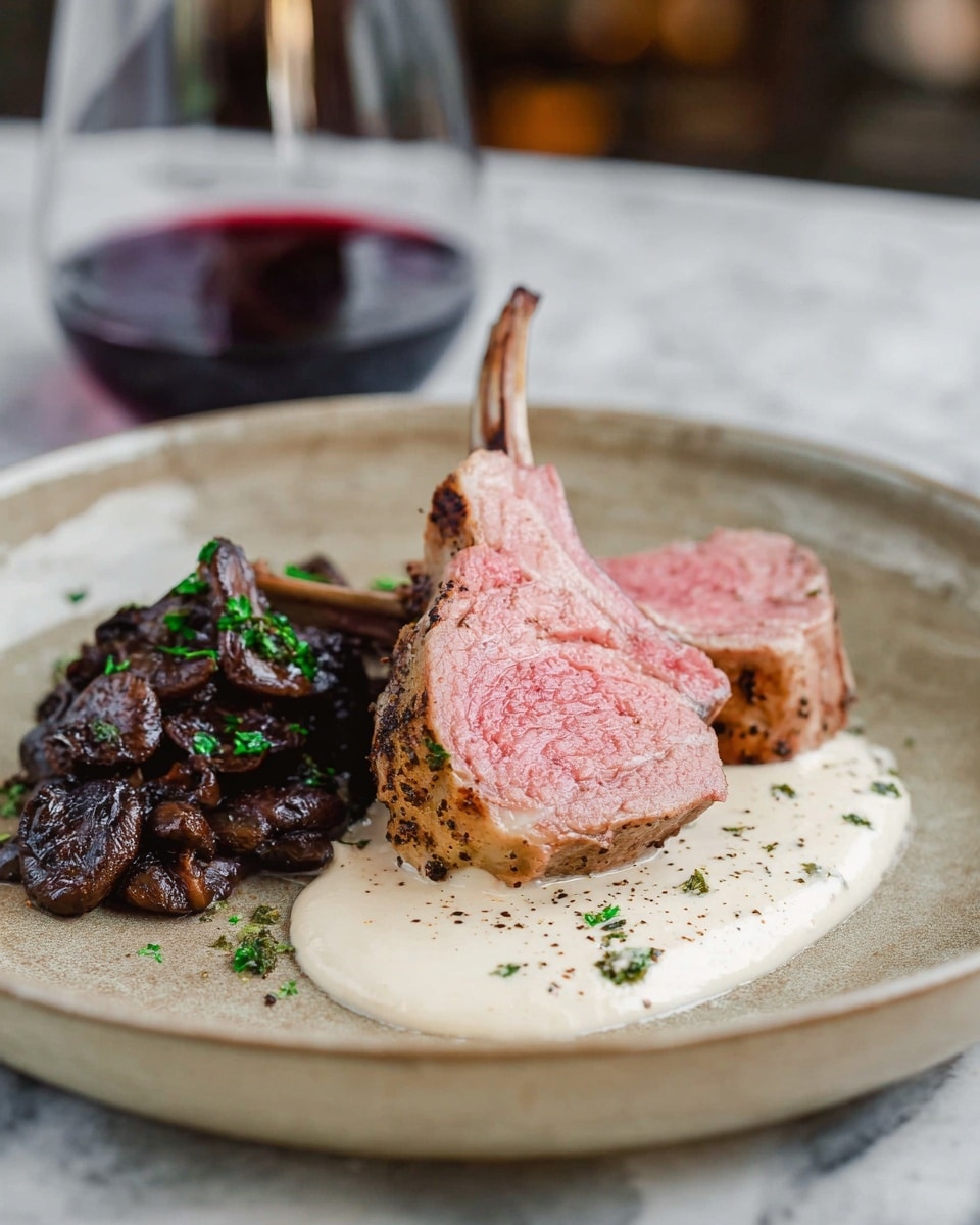 The image shows two pieces of pink lamb racks with a light brown grilled edge set on the right side of a round white plate. Under the lamb is a smooth white creamy sauce with a slight sprinkle of black pepper and herbs. To the left of the lamb, there is a small pile of dark brown sautéed mushrooms with a shiny texture, sprinkled with small green herb pieces. The plate is placed on a white marbled texture surface, and the background is softly blurred, showing a glass of red wine. Photo taken with an iphone --ar 4:5 --v 7