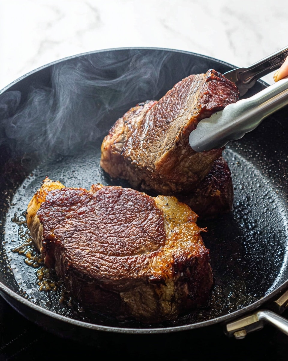 Two thick pieces of steak with a dark brown seared crust and a slightly golden edge are being cooked in a black cast iron pan. One piece lies flat at the bottom, showing a rich, textured surface with crispy browned bits, while the other is held upright by a pair of metal tongs held by a woman's hand, showing its juicy, browned side with a bit of fat. Light steam rises from the hot pan, and the scene is set against a white marbled background. photo taken with an iphone --ar 4:5 --v 7