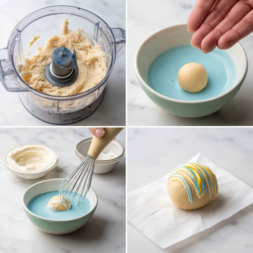 Small round cake balls sit on a baking tray lined with white parchment paper over a white marbled surface. Each cake ball has a smooth pastel pink, blue, or green coating. They are decorated with thin drizzles of yellow, blue, and pink icing arranged in loose stripes over each ball. On top, small colorful round and rod-shaped sprinkles add texture and extra color. The cake balls' glossy layers and gentle pastel colors give a soft, sweet look. Photo taken with an iphone --ar 4:5 --v 7