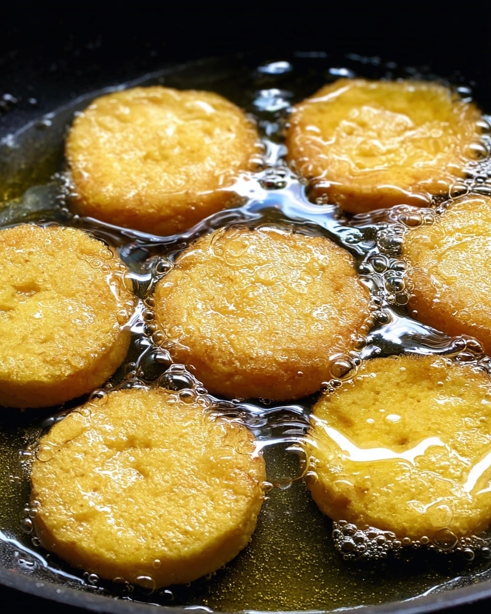 The image shows seven round pieces of light brown dough frying in hot bubbling oil inside a dark frying pan. Each piece has a soft, smooth texture in the center and is surrounded by a shiny golden brown edge where the frying oil is glazing them, creating small bubbles around and on top. The pan contrasts with the bright, oily golden color of the dough, making the cooking process clear and vivid. The frying pan sits on a white marbled surface. photo taken with an iphone --ar 4:5 --v 7