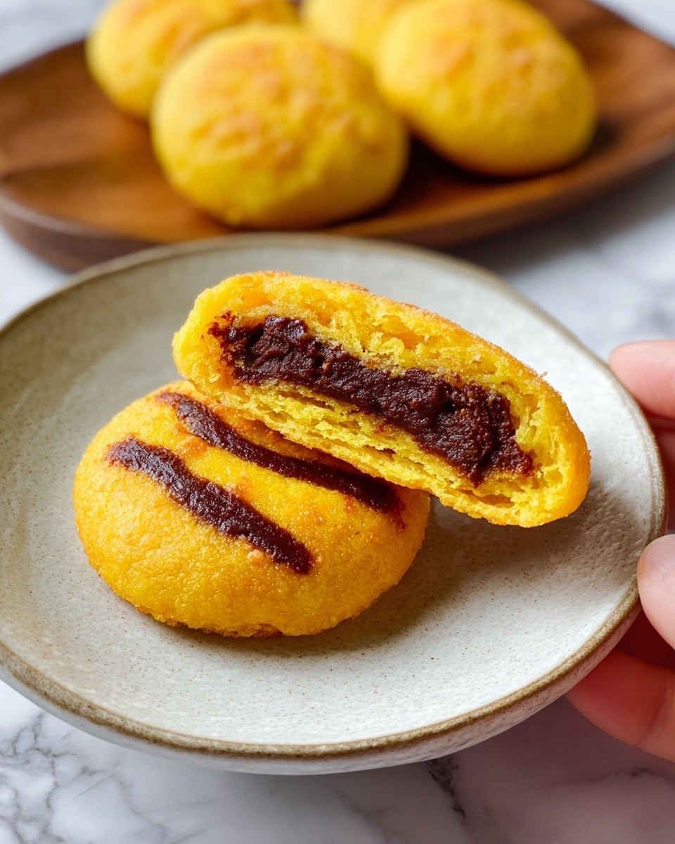 A woman's hand is holding a piece of orange-colored pastry sliced in half, showing a thick, dark red filling inside. The pastry looks soft and slightly crumbly. In the background, a white plate with a black textured pattern holds three more round pastries, all the same bright orange color with a slightly golden-brown surface. The scene is set on a white marbled surface. photo taken with an iphone --ar 4:5 --v 7