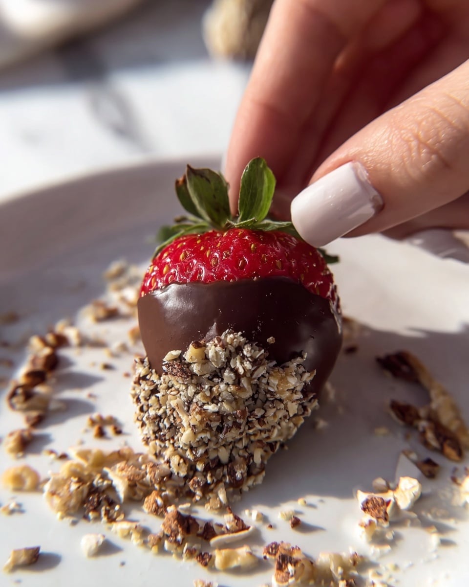 Six red strawberries with green tops, each dipped halfway in smooth brown chocolate, are placed on a baking tray lined with light brown parchment paper. The chocolate coating covers the middle to lower part of each strawberry, and the dipped section is rolled in crushed nuts, creating a rough texture around the bottom. Wooden sticks are inserted into the top of each strawberry for holding. Warm sunlight casts soft shadows on the tray, and the tray corners are dark and slightly rusty. The surface underneath is a white marbled texture photo taken with an iphone --ar 4:5 --v 7