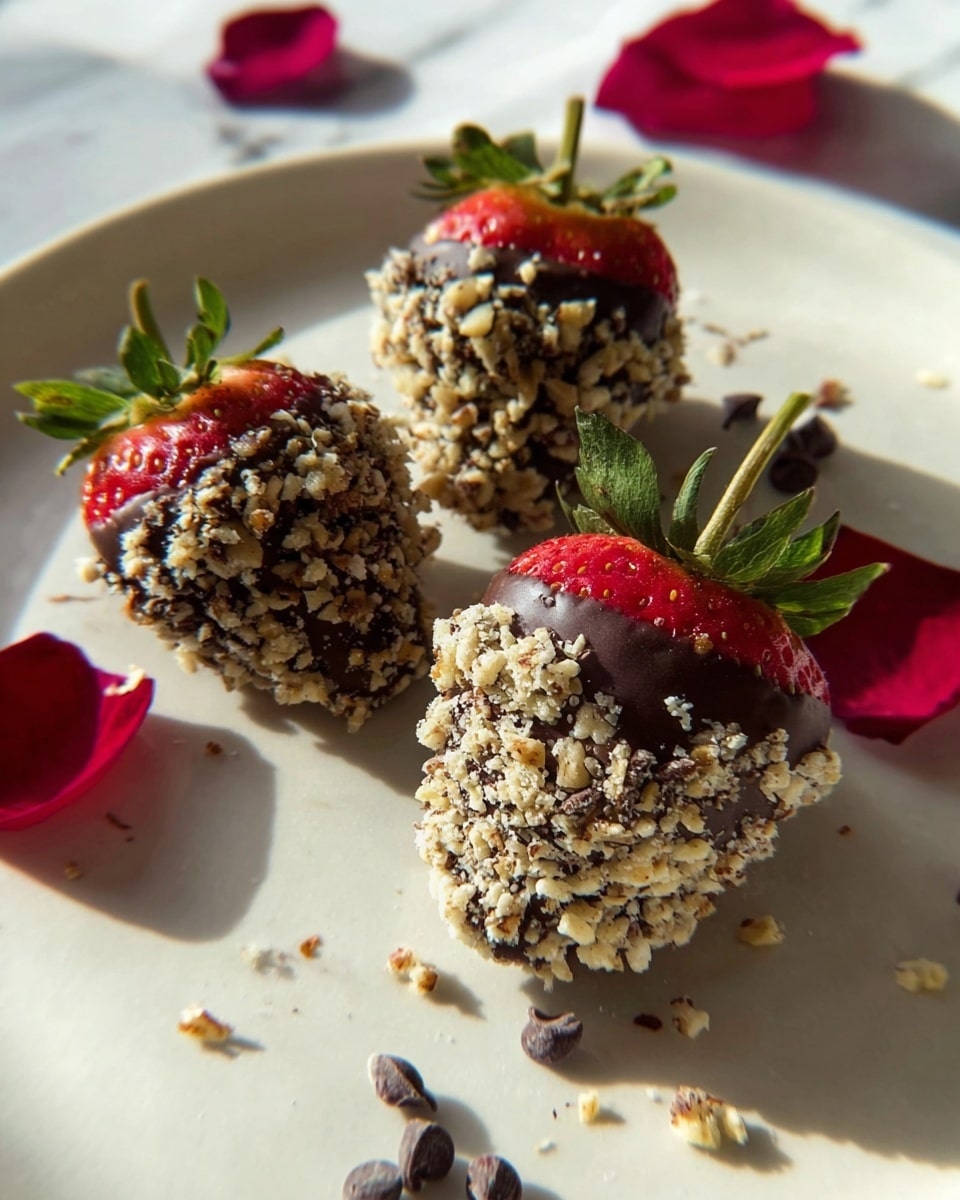 The image shows four strawberries each half dipped in dark chocolate and covered with crushed nuts, arranged on a white plate. The strawberries have green leafy tops, and the nuts are unevenly textured, giving a rough look to the chocolate coating. Around the strawberries, there are a few small dark chocolate chips and scattered red rose petals, adding color contrast. The plate sits on a white marbled surface. The lighting highlights the red of the strawberries and the creamy color of the nuts. photo taken with an iphone --ar 4:5 --v 7