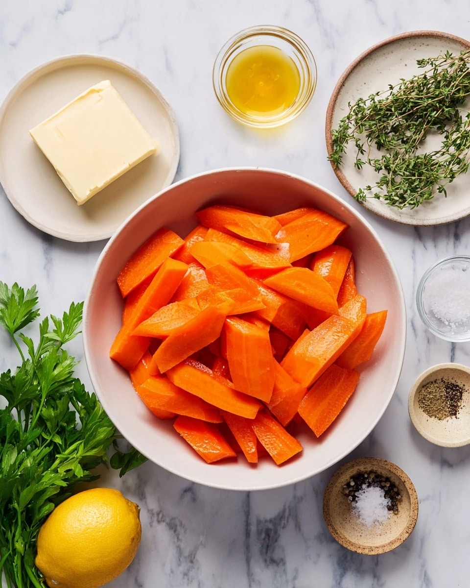 A white bowl filled with bright orange carrot sticks, each cut into thick, angled pieces, is centered on a white marbled surface. Surrounding the bowl are various small dishes and ingredients: at top left, a small white plate holds a rectangular piece of pale yellow butter; above the bowl is a small white bowl with golden yellow oil; to the right, a whole yellow lemon sits near a small, round white dish with fresh green thyme sprigs. On the left side, fresh green parsley leaves rest beside a small glass bowl with coarse salt and ground black pepper. Below that, a small glass bowl of amber-colored honey adds warmth to the layout. All items are arranged neatly around the bowl of carrots, with the smooth white marbled surface as the background. photo taken with an iphone --ar 4:5 --v 7