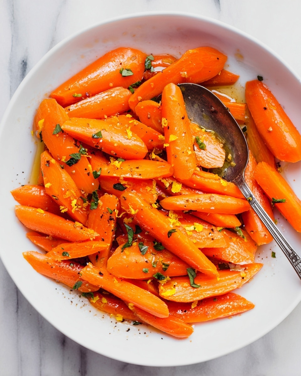 The image shows a gray pan filled with bright orange glazed baby carrots, each piece shiny and coated with a syrupy layer. Small green herb pieces are scattered evenly across the carrots, adding color contrast. A wooden spoon rests inside the pan, holding a few of the carrots, showing their smooth, soft texture. The background is a white marbled surface. photo taken with an iphone --ar 4:5 --v 7