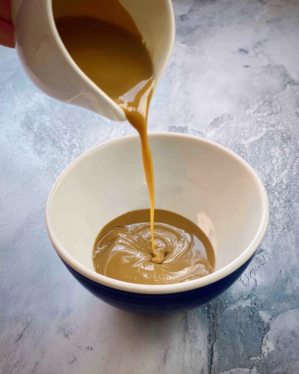 A woman's hand is pouring a thick, light beige sauce or batter from a white cup into a white bowl below. The sauce forms a smooth, rounded pool in the bowl with a slightly shiny, wet texture. The background is a white marbled surface with grey veins and speckles. Photo taken with an iphone --ar 4:5 --v 7
