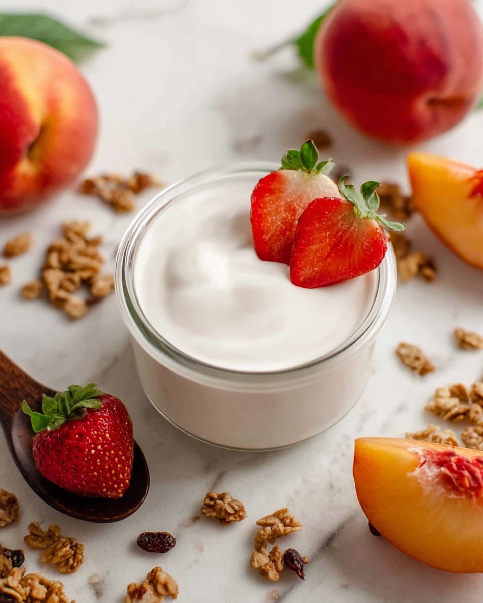A small clear glass bowl sits on a white marbled surface, filled with one smooth layer of thick white yogurt. Two bright red strawberry halves with green tops rest on the yogurt near the bowl's edge. Around the bowl, there are whole strawberries scattered along with small clusters of brown granola. Two whole peaches with a soft orange and red gradient sit in the background. A wooden spoon with a dark brown handle holds one strawberry near the left side of the bowl. Photo taken with an iphone --ar 4:5 --v 7