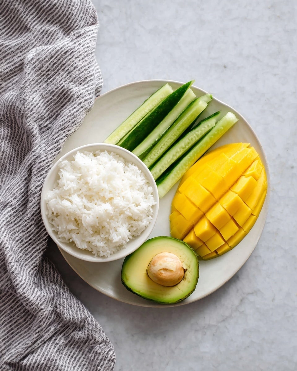 A white bowl filled with soft, cooked white rice on the top left, next to a white plate on the bottom right holding three main components: a row of green cucumber sticks standing upright on the left side, a neat pile of bright yellow mango slices stacked on the right side, and a single avocado half with a smooth green outer skin and creamy light green inside placed at the plate's bottom center. Both dishes are set on a white marbled surface with a gray and white striped cloth partially visible at the bottom left. photo taken with an iphone --ar 4:5 --v 7