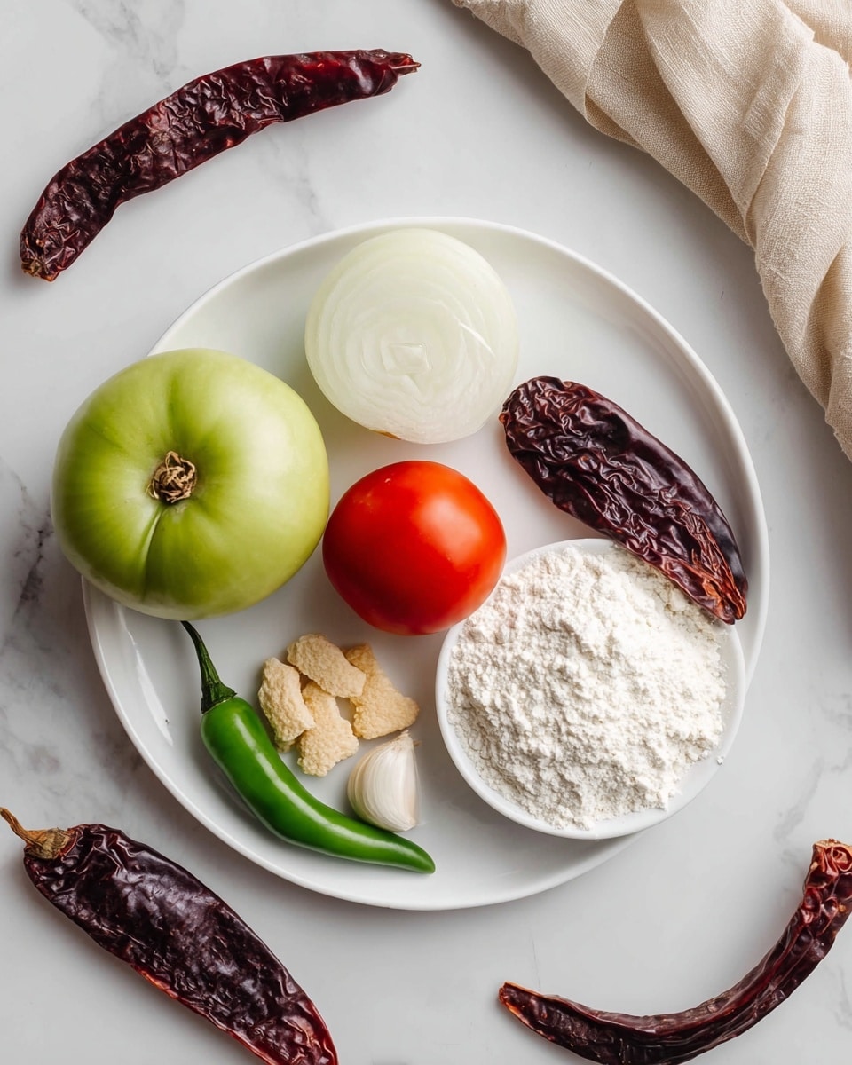 A white round plate holds several fresh ingredients arranged neatly for a recipe. There is one green tomatillo on the left side, a quarter slice of white onion above it, a whole red tomato below the onion, a green chili pepper to the right of the tomato, and a large dark red dried chili pepper on the right side of the plate. Near the bottom left edge of the plate, there is a small cluster of crumbled pale beige ingredient, while at the center bottom sits a small white bowl filled with white flour. A single clove of garlic is placed near the right edge between the large red chili and the plate’s rim. The plate rests on a white marbled surface with a beige cloth partially visible on the top right corner. Photo taken with an iphone --ar 4:5 --v 7