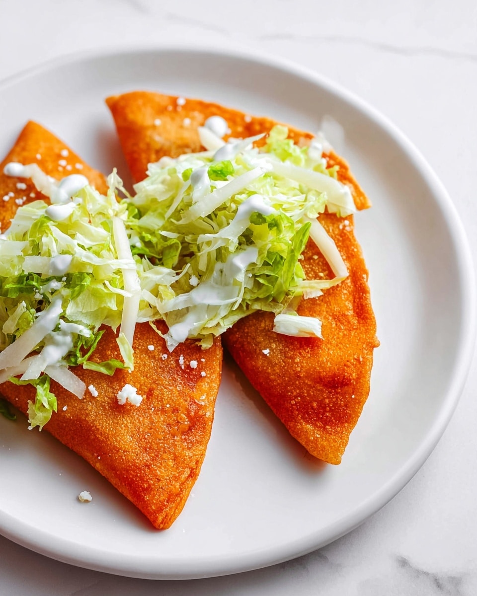 Two folded, triangular orange-red empanadas sit side by side on a round white plate placed on a white marbled surface. Each empanada has a crispy, slightly textured crust with golden edges. On top of the empanadas, there is a layer of shredded green lettuce, covered by a drizzle of smooth white sauce and sprinkled with crumbled white cheese. Photo taken with an iphone --ar 4:5 --v 7