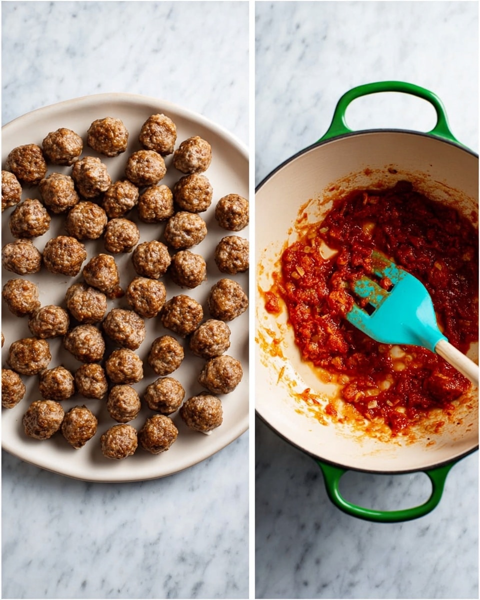 A white plate filled with many small, round, brown meatballs evenly spread out, showing a slightly crispy texture on the outside. Next to it is a white pot with a green handle containing a small amount of thick red tomato sauce with some oil shining on it, and a turquoise spatula resting inside the pot, coated with the sauce. Both items sit on a white marbled surface photo taken with an iphone --ar 4:5 --v 7