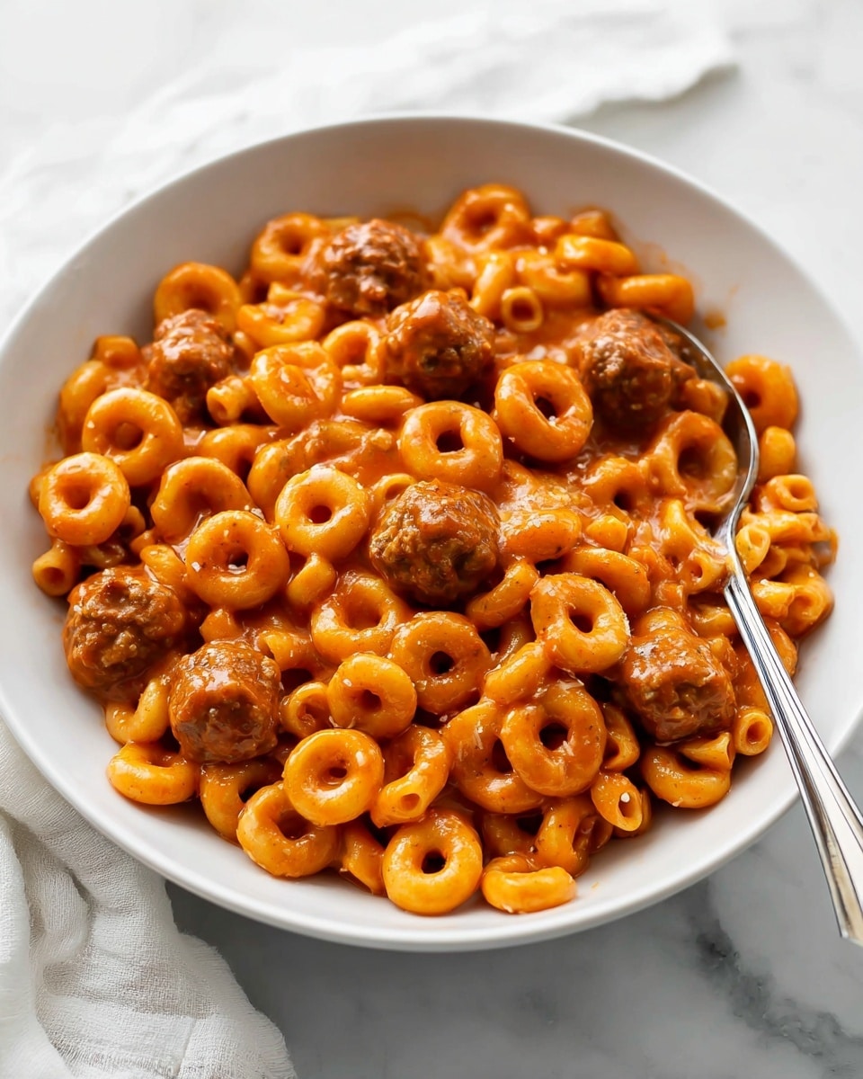 A white bowl filled with small ring-shaped pasta and several round meatballs mixed in, all coated in a smooth, reddish-orange sauce with visible herbs. The pasta rings and meatballs are evenly spread, creating a thick, rich texture. A spoon rests inside the bowl on the right side, and the bowl is placed on a white marbled surface with a softly folded white cloth in the background. Photo taken with an iphone --ar 4:5 --v 7