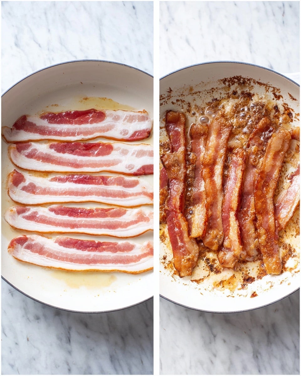 The image shows two side-by-side views of a round white pan placed on a white marbled surface. On the left, there are eleven raw bacon slices arranged flat and overlapping slightly, showing pinkish-white meat with light fat streaks. On the right, the same pan now contains cooked bacon slices, browned and crispy with a shiny, oily texture and some foamy bubbles, spread out unevenly with some pieces curled and darker edges. The white pan has a dark rim, and the background remains the white marbled surface. photo taken with an iphone --ar 4:5 --v 7