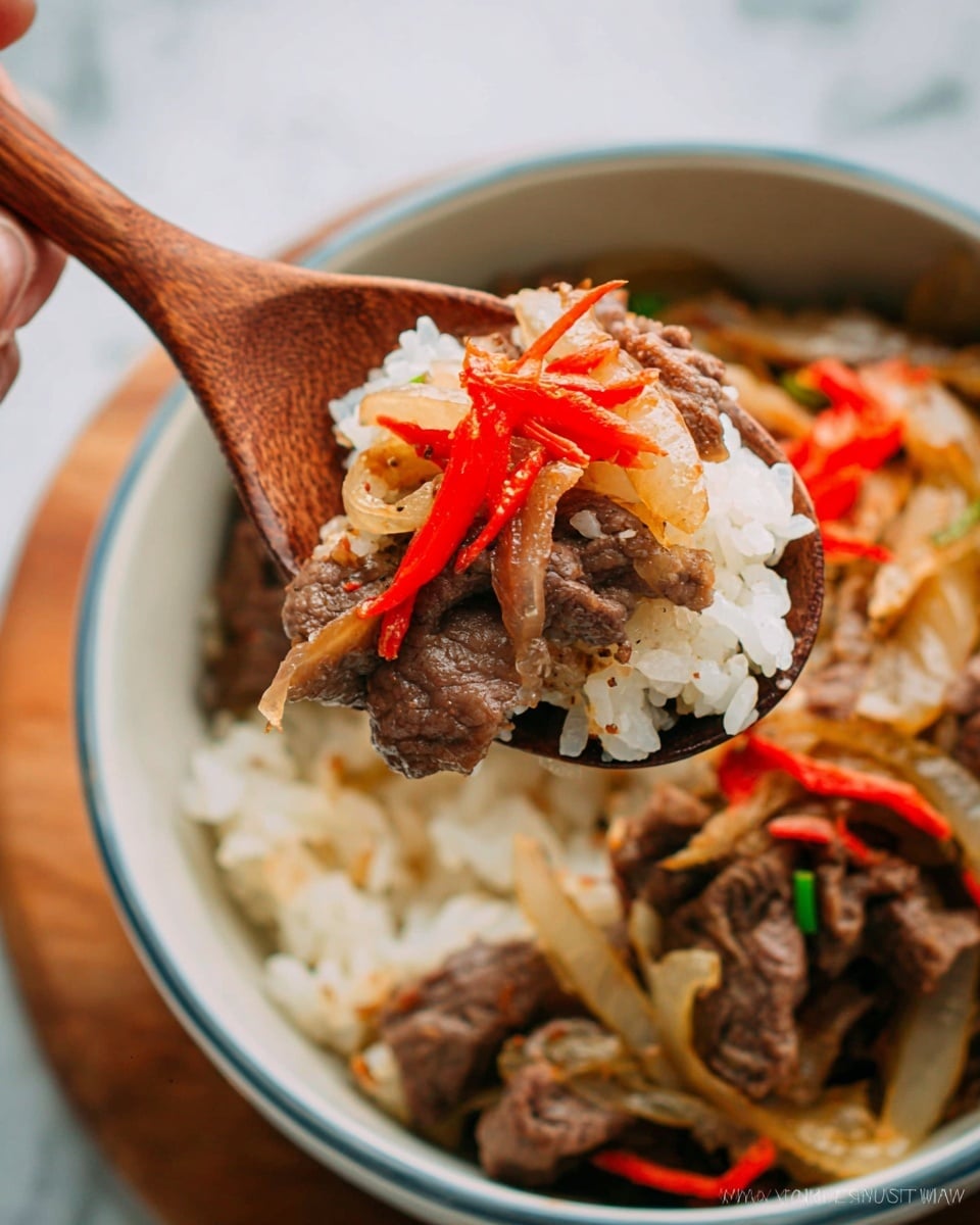 A round white bowl with a blue rim is filled with a dish arranged in three layers. The bottom layer is white steamed rice, mostly hidden. On top, thin slices of brown cooked beef cover the rice, mixed with soft, translucent cooked onion strips and scattered thin green shoots. At the center on top, there is a small pile of bright red shredded pickled ginger adding a splash of color. The bowl is on a wooden surface with chopsticks and a wooden spoon nearby, and a matching white bowl with a blue rim lid partially open at the side. Photo taken with an iphone --ar 4:5 --v 7