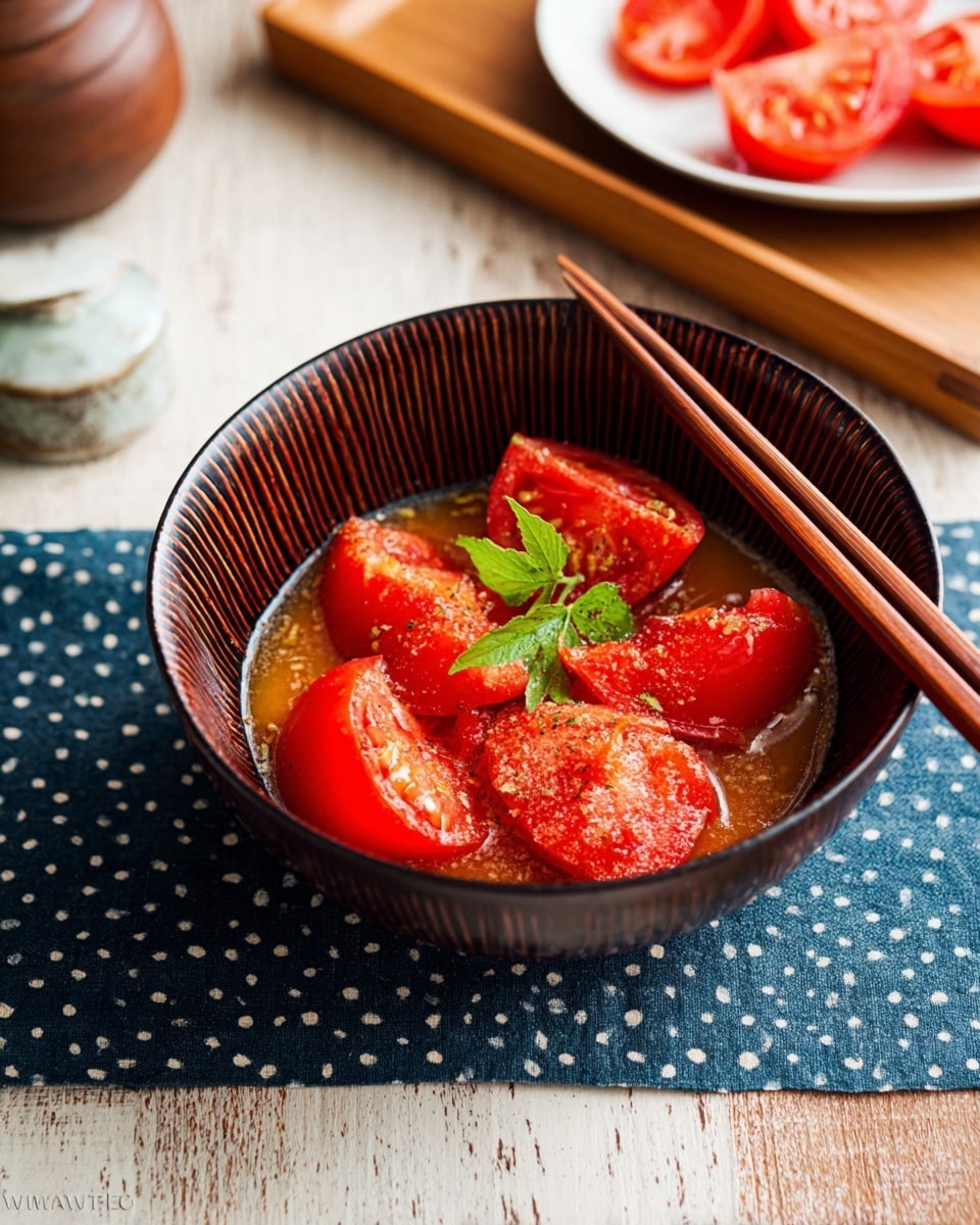 A black bowl holds a mixture of chopped red tomato pieces coated in a light brown grainy sauce, topped with a small green herb leaf in the center. Two wooden chopsticks rest on the edge of the bowl at an angle. The bowl sits on a dark green cloth with white dots, placed on a white marbled wooden surface. In the background, a few tomato wedges are on a white plate, slightly out of focus. Photo taken with an iphone --ar 4:5 --v 7