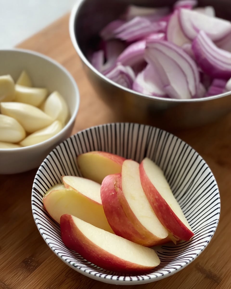 The dish shows several pieces of cooked chicken arranged in one layer on a white oval plate with a blue dotted rim. The chicken is covered with a thick dark brown sauce mixed with sesame seeds and small mushrooms visible underneath. On top of the chicken, there is a generous amount of chopped green onions, adding a bright green color. In the background, two white bowls are placed on a wooden table, one filled with white rice sprinkled lightly with black sesame seeds and the other with a fresh salad consisting of green leafy vegetables, sliced yellow peppers, and red tomato pieces. The entire setting is on a white marbled surface. Photo taken with an iphone --ar 4:5 --v 7