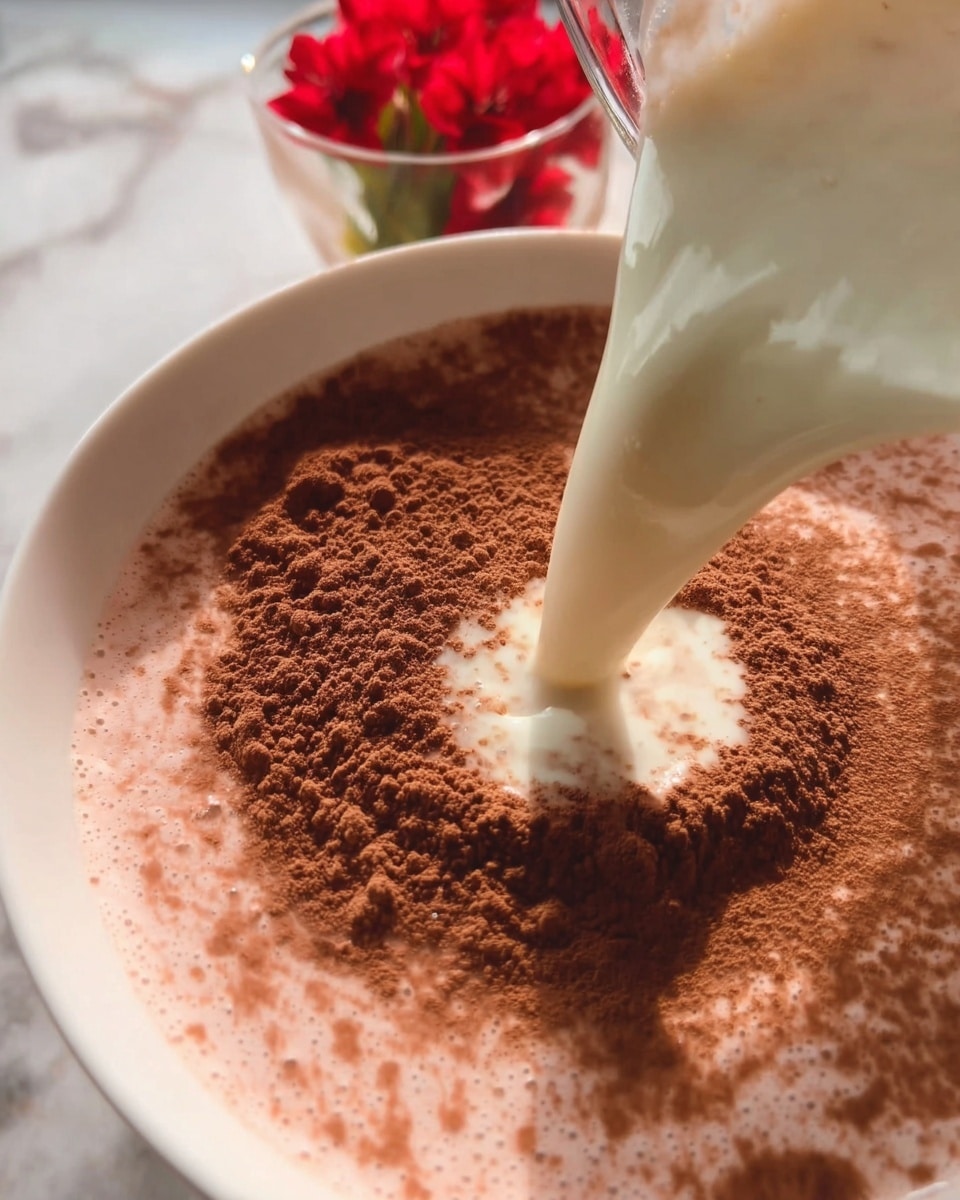 A close-up view shows a metal spoon pouring a smooth, light brown liquid with tiny specks into a glass bowl filled with the same liquid. The liquid looks creamy and swirled as it enters the bowl. The background and surface are white marbled texture. photo taken with an iphone --ar 4:5 --v 7