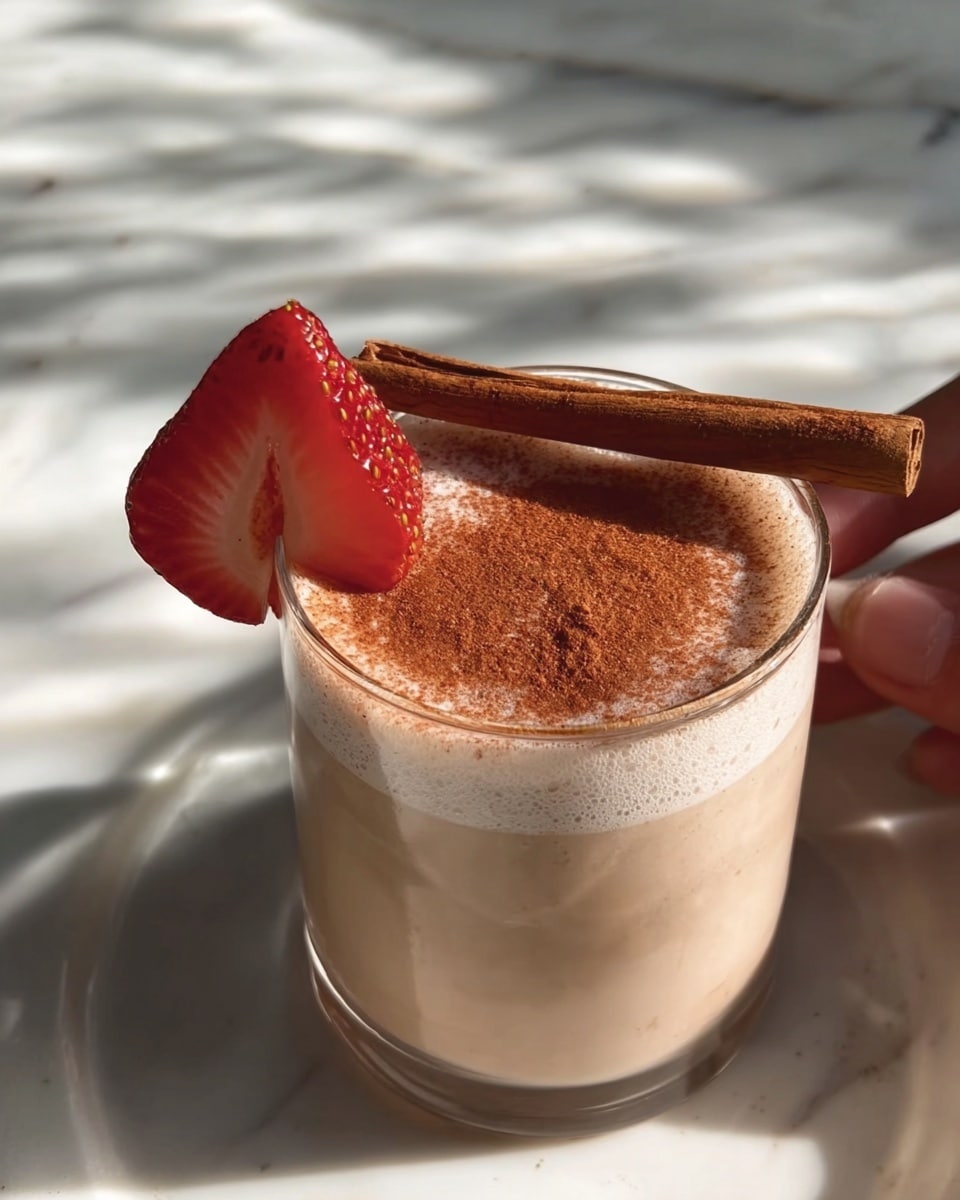 A close-up shot shows a white bowl with a pink liquid base, topped with a ring of brown powder evenly spread around the center. Creamy white liquid is being poured into the bowl, creating a soft bubbling effect at the point where it meets the pink liquid. In the background, blurred red flowers add a splash of color. The scene is set on a white marbled surface, and the image captures the delicate textures of the liquids and powder with soft sunlight reflections. Photo taken with an iphone --ar 4:5 --v 7