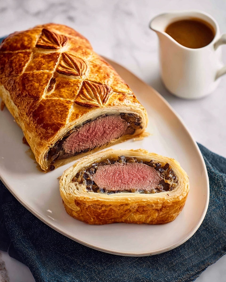 The image shows a Beef Wellington with two main parts on a white plate: one whole rectangular portion with a golden brown, flaky puff pastry crust decorated with leaf-shaped patterns on top, and one thick slice revealing layers inside. The slice has a center of pink cooked beef, surrounded by a thick layer of dark mushroom duxelles, followed by a thin layer of light-colored pastry, and an outer golden puff pastry crust. To the right of the plate is a white jug filled with rich brown sauce. The scene is set on a white marbled surface with a dark blue cloth under the bottom of the plate photo taken with an iphone --ar 4:5 --v 7