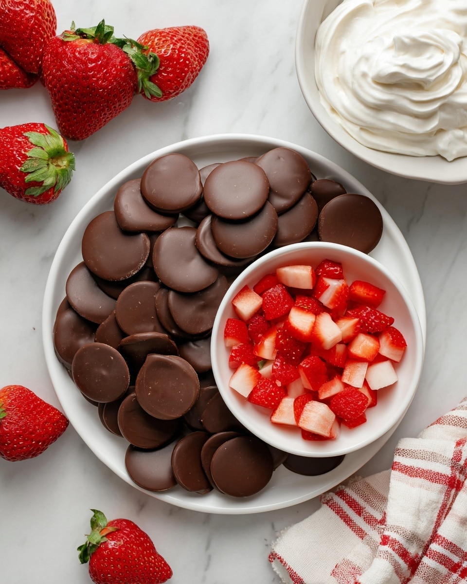 A white plate holds many smooth, dark brown chocolate disks arranged closely together, covering most of the plate’s surface. In the center, a smaller white bowl is filled with bright red and light pink diced strawberries that look fresh and juicy. Around the plate, there are several whole strawberries with green tops on a white marbled surface. On the top right, there is a white bowl filled with swirled, creamy white whipped cream. A white cloth with red checks is laid near the bottom right corner. Photo taken with an iphone --ar 4:5 --v 7