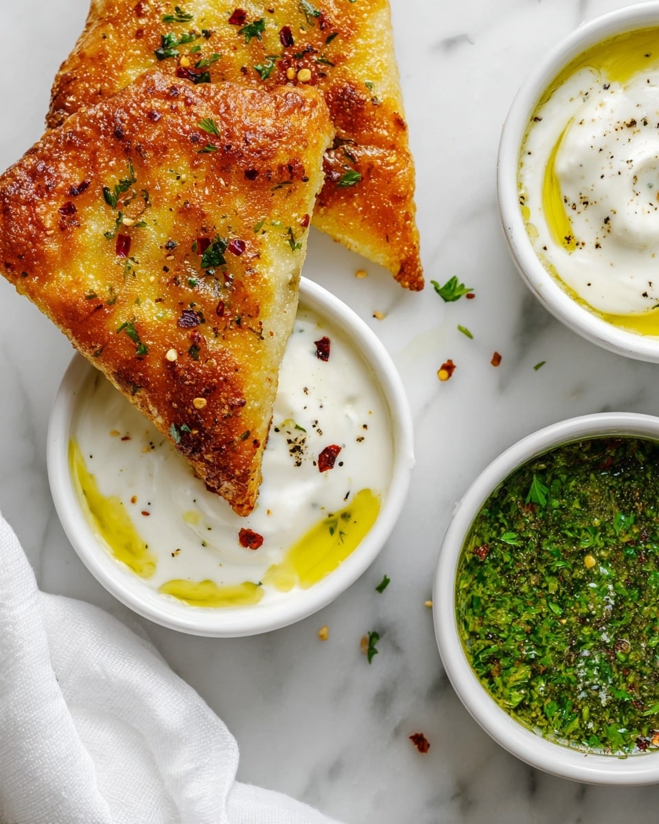 The image shows a white plate on a white marbled surface holding multiple golden brown triangular pieces of crispy flatbread, arranged in a circular pattern. Each flatbread piece has a bubbly, textured surface with a toasted look sprinkled with small bits of herbs and red spices. In the middle of the plate, there are two white bowls, one filled with a bright green, finely chopped herb sauce with a slightly oily texture, and the other with a creamy white yogurt-like dip topped with herbs and a drizzle of oil. The overall look is warm and inviting, with a mix of crunchy and smooth textures. photo taken with an iphone --ar 4:5 --v 7
