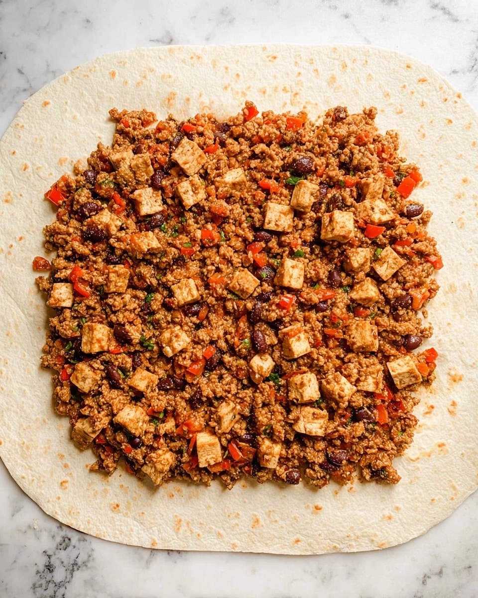 The image shows a large white tortilla laid flat on a white marbled surface with a mixture spread in the center. The mixture has about two layers, consisting of small cut pieces of light brown tofu, brown beans, finely chopped red bell peppers, and some herbs and spices giving a slightly textured look on all ingredients. The edges of the tortilla are clean, and the filling covers most of the center but leaves the outer tortilla free for folding. The overall colors are mainly light brown, dark brown, and red with some green specks from herbs. Photo taken with an iphone --ar 4:5 --v 7
