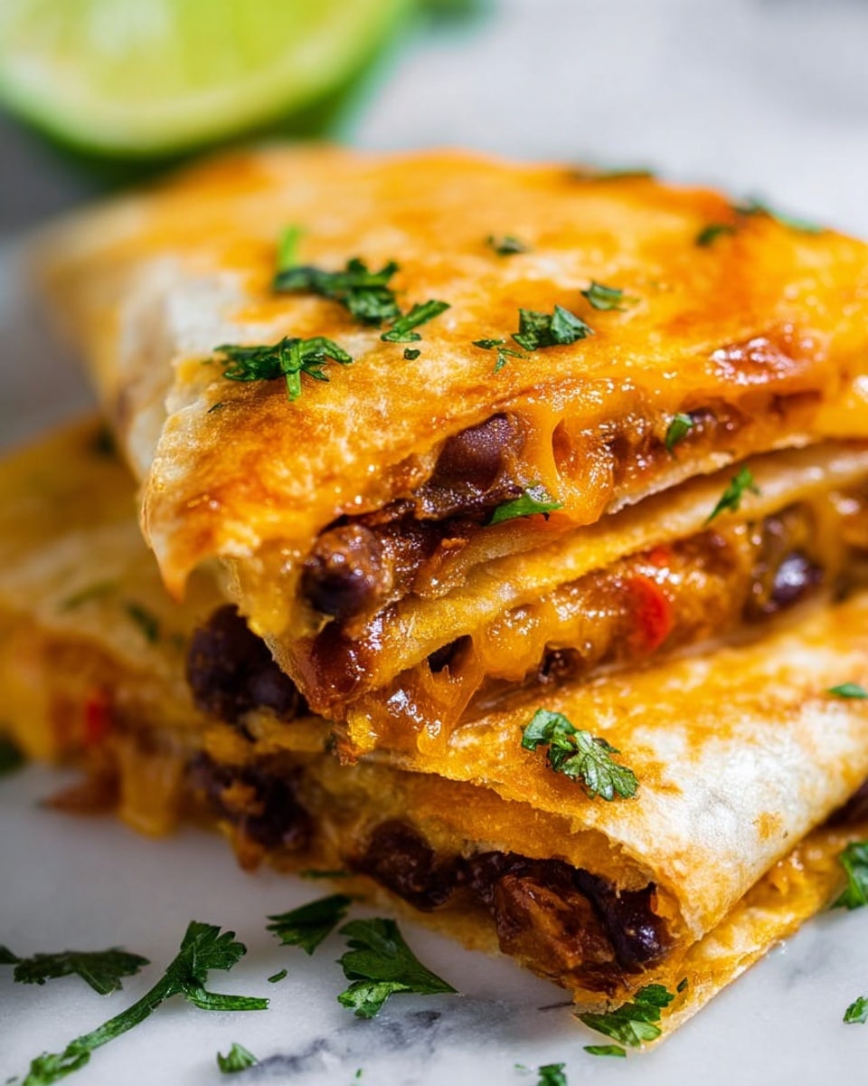 The image shows a close-up of a quesadilla with three visible layers: a golden-brown crispy tortilla on top, a middle layer of melted orange cheese with bits of green herbs and small pieces of red pepper, and a bottom layer with dark brown beans mixed with cheese. The quesadilla is cut to show the inside, with some fresh green parsley sprinkled on top. In the background, there is a blurred slice of lime and the surface is a white marbled texture. Photo taken with an iphone --ar 4:5 --v 7