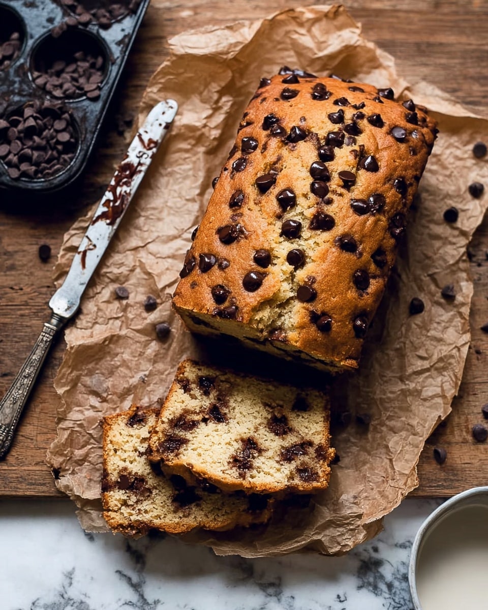 Two slices of chocolate chip bread rest on crinkled parchment paper over a wooden surface with a white marbled texture. The bread is golden brown with a soft, slightly crumbly texture inside, filled with many small dark chocolate chips scattered throughout each slice. The top of the bread loaf is visible in the background, darker golden with clusters of melted chocolate chips dotting the surface. photo taken with an iphone --ar 4:5 --v 7