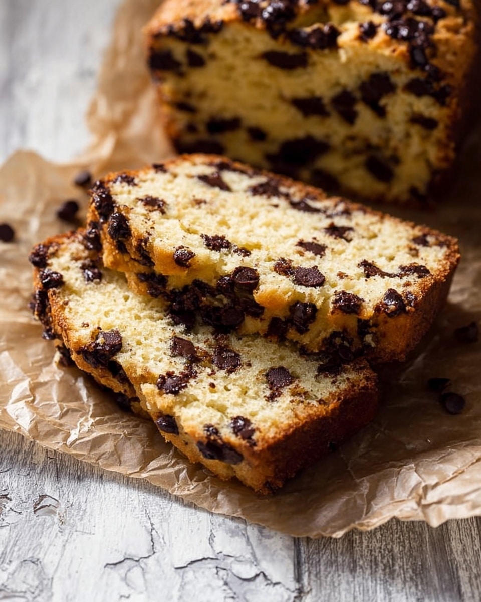 A loaf of cake with chocolate chips on top and inside sits on crumpled brown parchment paper over a wooden surface. The cake has a golden brown crust, studded generously with dark chocolate chips, and one slice is placed in front showing a moist texture with many chocolate bits inside. To the left of the loaf, there's a silver knife with chocolate smears resting next to a black baking mold filled with chocolate chips. To the right side, part of a white bowl is visible on the wooden surface. The background is changed to a white marbled texture. photo taken with an iphone --ar 4:5 --v 7
