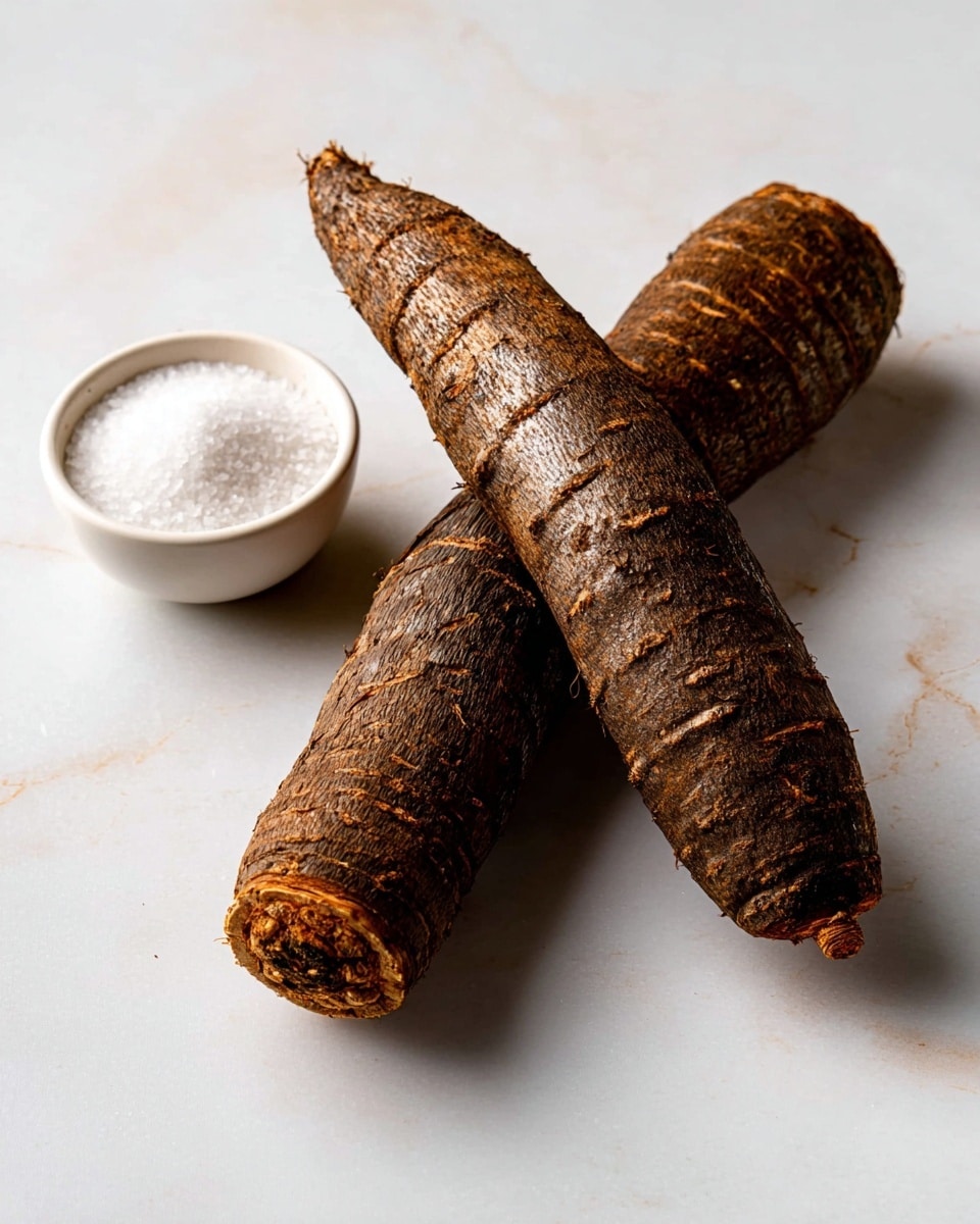 Two whole cassava roots with rough, dark brown textured skins lie diagonally on a white marbled surface. Below the roots, a small white bowl filled with coarse white salt sits to the left. The cassava roots have a knobby, ridged pattern, and their ends taper slightly. The lighting is soft, highlighting the textures clearly. photo taken with an iphone --ar 4:5 --v 7