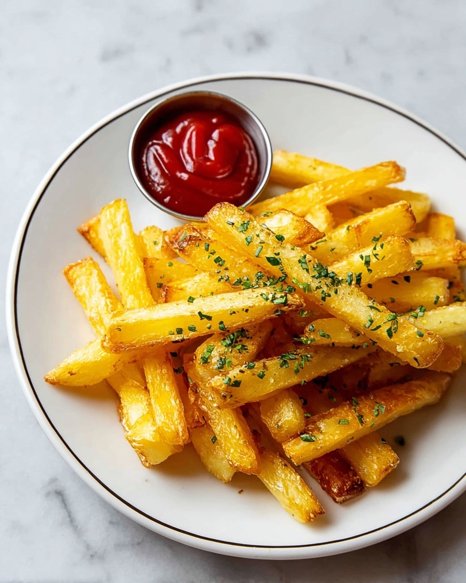 A white round plate with a thin dark line near the edge holds a stack of thick, golden-yellow fries sprinkled with small green herb bits. The fries have a rough, crispy texture, with some edges showing light browning. To the side of the fries, there is a small silver cup filled with bright red ketchup. The plate sits on a white marbled texture surface. photo taken with an iphone --ar 4:5 --v 7