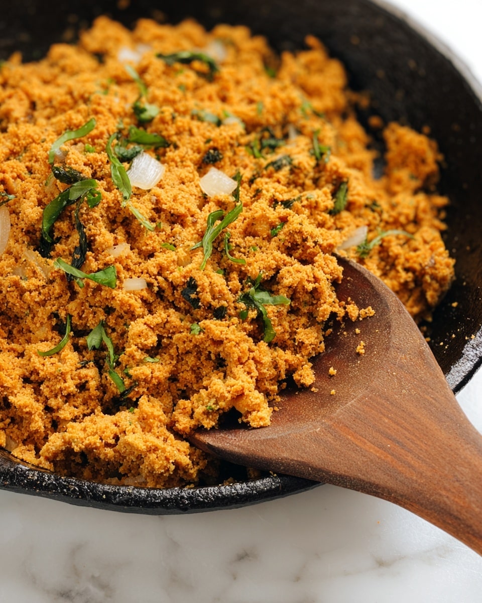 The image shows a close-up of a black cast iron pan filled with a textured, finely crumbled orange-brown mixture that looks soft and moist. Small pieces of light-colored onion and green leafy herbs are scattered throughout the mixture, adding contrast and freshness. The pan rests on a wooden spoon handle placed on a white marbled surface, highlighting the warm tones of the food. Photo taken with an iphone --ar 4:5 --v 7