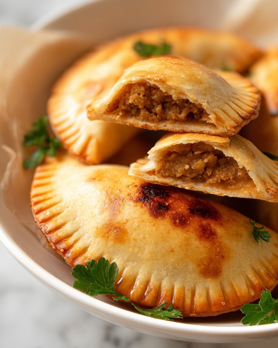 The image shows a close-up of four round pastries with golden-brown, slightly crispy crusts. They are arranged overlapping in a white bowl with a few small green parsley leaves scattered on and around them. The top pastry is partially open, revealing a coarse, crumbly, light brown filling inside. The pastries each have crimped edges with clear fork marks along the rim. The texture of the dough looks soft but firm, with a few darker toasted spots. The setting is on a white marbled surface. photo taken with an iphone --ar 4:5 --v 7