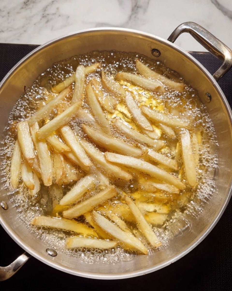 A silver frying pan filled with light golden potato strips frying in bubbling oil, the potatoes are partially cooked with some showing a pale yellow color and others starting to brown slightly, the pan has two handles and is placed on a black stovetop, the background shows a white marbled surface. Photo taken with an iphone --ar 4:5 --v 7