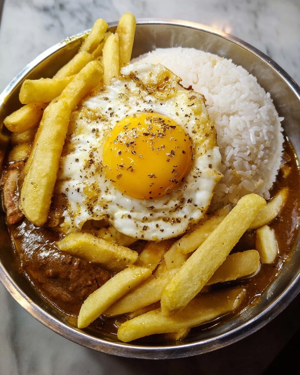 A round silver metal bowl holds a dish with four main layers. At the bottom is a dark brown sauce with a smooth, glossy texture covering the base. Above the sauce is a piece of browned meat partially visible near the center. On top of the meat rests a fried egg with a bright yellow yolk and slightly crispy white edges sprinkled with black pepper. Surrounding the egg and meat, thick yellowish fries are placed in a circular pattern on the sauce. A mound of plain white rice with a rough, fluffy texture sits in one section of the bowl, completing the dish. The background is a white marbled surface. Photo taken with an iphone --ar 4:5 --v 7