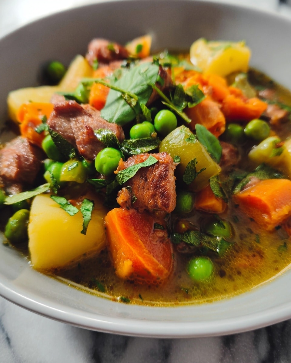 A close-up of a pot full of vegetable stew showing bright green peas and orange carrot cubes in a light brown broth, with fresh green chopped herbs sprinkled on top, the stew looks warm and slightly oily with bubbles on the surface, the pot is white with visible texture inside, and the background is a white marbled texture photo taken with an iphone --ar 4:5 --v 7