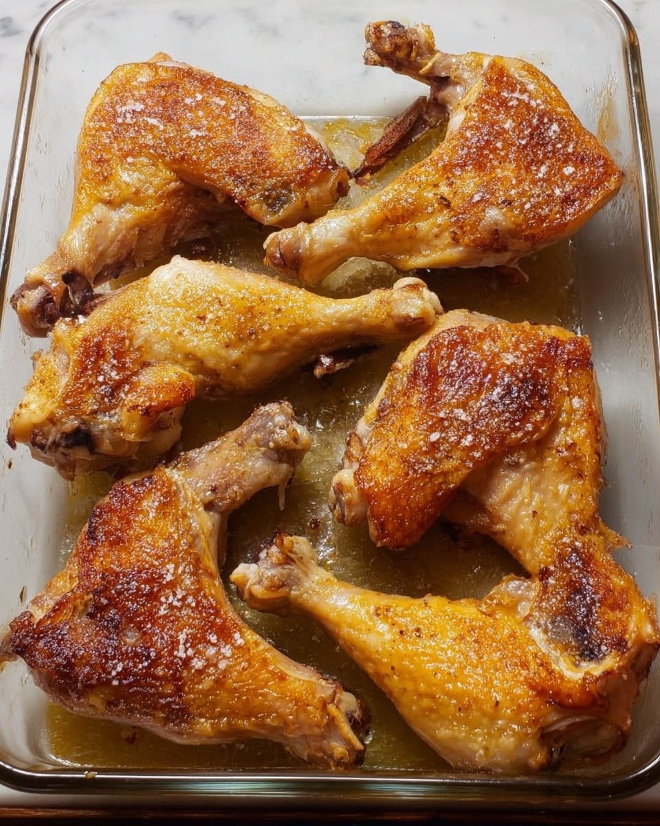 The image shows a glass baking dish with six pieces of roasted chicken displayed inside. The chicken pieces have a golden-brown color with a slightly crispy skin and some light salt sprinkled on top. The wings and drumsticks are arranged in two rows with uneven spacing, showing crispy textures and a roasted shine. The surface under the dish is white with a marbled texture. photo taken with an iphone --ar 4:5 --v 7