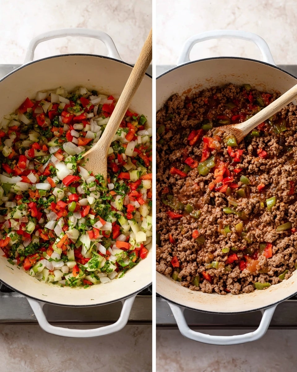 Two side-by-side images show cooking steps in a white pot on a stove with a white marbled texture surface. The left image features a mix of chopped vegetables including red and green peppers, white onions, and green herbs stirred with a wooden spoon, displaying bright red, green, and white colors with a fresh, crisp texture. The right image shows the same pot now filled with cooked ground meat mixed evenly with softened red and green pepper pieces and cooked onions, creating a rich brown base with small colorful vegetable bits throughout, stirred with the same wooden spoon. Photo taken with an iphone --ar 4:5 --v 7