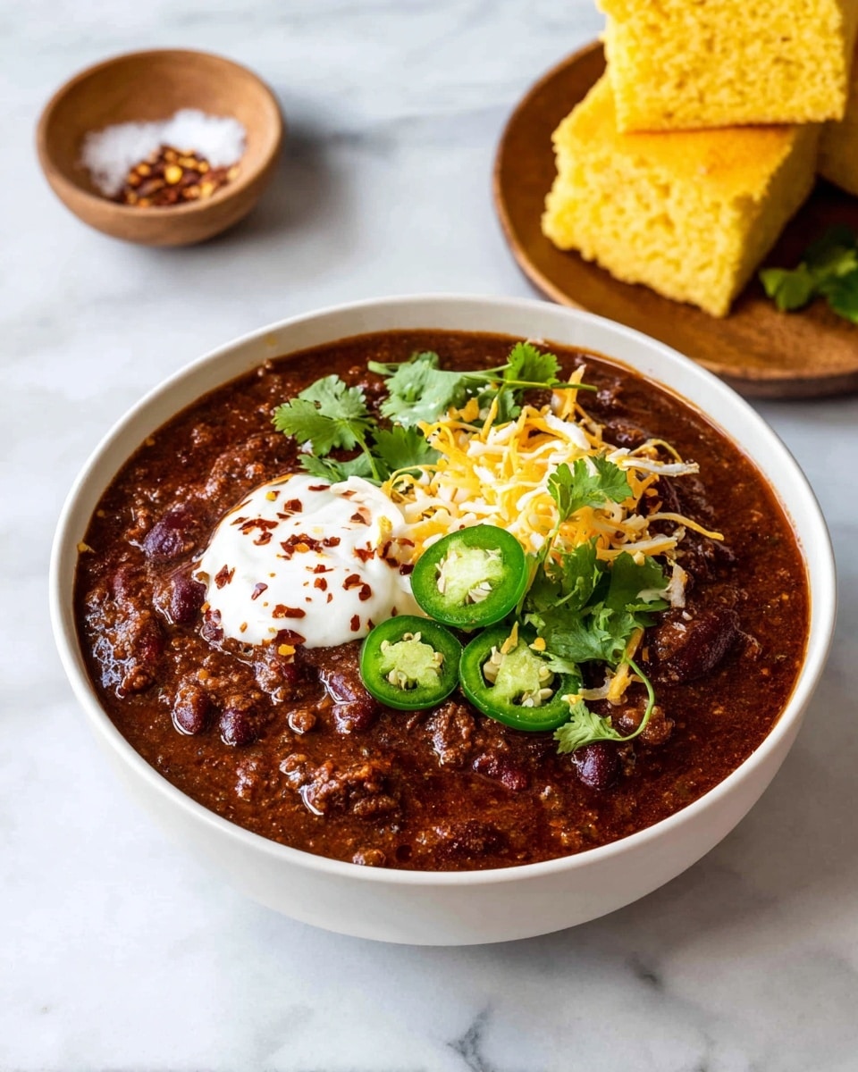 A white bowl filled with thick, dark brown chili with visible kidney beans and ground meat spread evenly across the bowl surface. On top, there is a small pile of shredded orange cheddar cheese near the center, a few slices of green jalapeño peppers next to it, and a dollop of white sour cream slightly to the left. Bright green cilantro leaves rest on the sour cream, with some red chili flakes sprinkled on the sour cream. In the background, there is a white marbled surface with a small wooden bowl of salt and chili flakes on the left and a white plate with two square pieces of golden-yellow cornbread on the right. Photo taken with an iphone --ar 4:5 --v 7