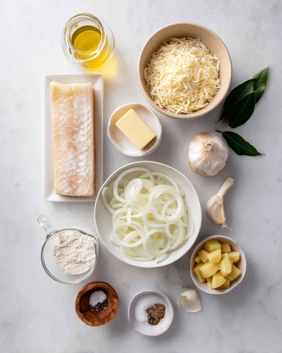 A white marbled surface holds various ingredients arranged neatly. At the center bottom is a white bowl filled with thinly sliced white onions. Above it, slightly right, is a white bowl with small yellow potato cubes. To the right of the potatoes is a small white dish containing a light yellow stick of butter, next to a whole garlic bulb and two green leaves. Above the onions, to the left, is a white bowl with shredded white cheese, and directly above that is a beige bowl filled with creamy white shredded cheese. On the left side, near the center, is a rectangular block of frozen white fish on a white dish. Above and to the left are small containers: a clear glass jar of light golden oil, a small wooden bowl with white flour, and a clear measuring cup filled with white milk. At the bottom, near the onions, is a tiny dish with mixed black pepper, salt, and a brown spice. The whole setting is clean and organized, photo taken with an iphone --ar 4:5 --v 7