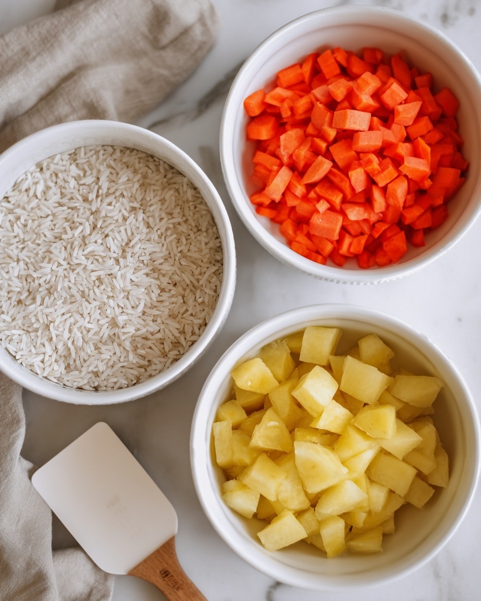 Three white bowls sit on a white marbled surface. The bottom bowl is filled with small white rice grains, the left bowl holds chopped bright orange carrots, and the top bowl contains chopped light yellow potatoes. A white spatula with a brown handle lies beside the bowls, and a soft beige cloth is slightly visible in the bottom left corner. Photo taken with an iphone --ar 4:5 --v 7