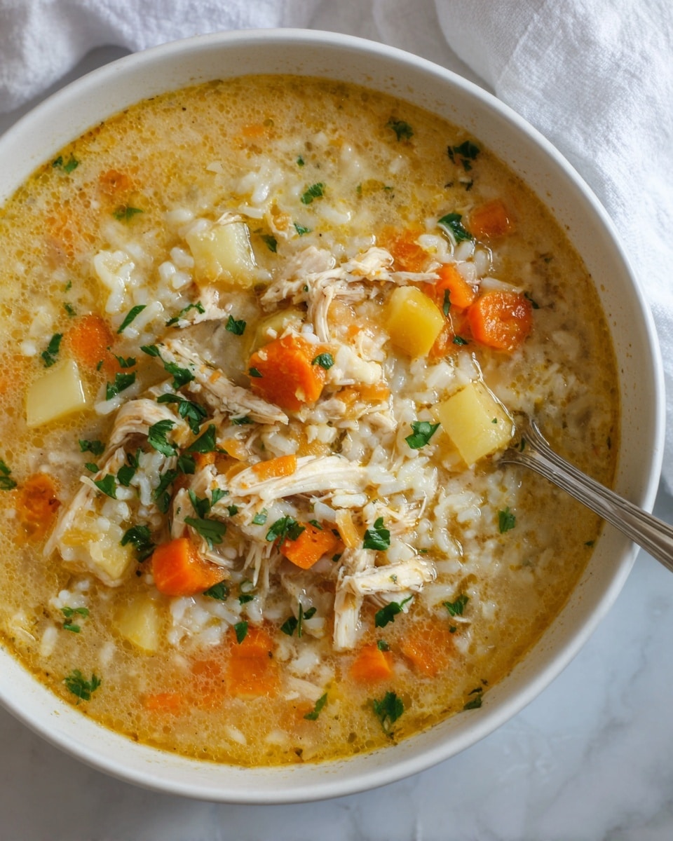 A white bowl filled with thick soup showing four main layers: at the bottom, soft textured white grains, topped with shredded light brown chicken pieces; above the chicken, orange carrot chunks and small yellow potato cubes are scattered throughout; a thin layer of golden broth covers everything, slightly shiny. Bits of chopped green herbs are sprinkled on top, adding color contrast. The bowl sits on a white marbled surface next to a glass of light yellow iced drink and a white cloth. Photo taken with an iphone --ar 4:5 --v 7