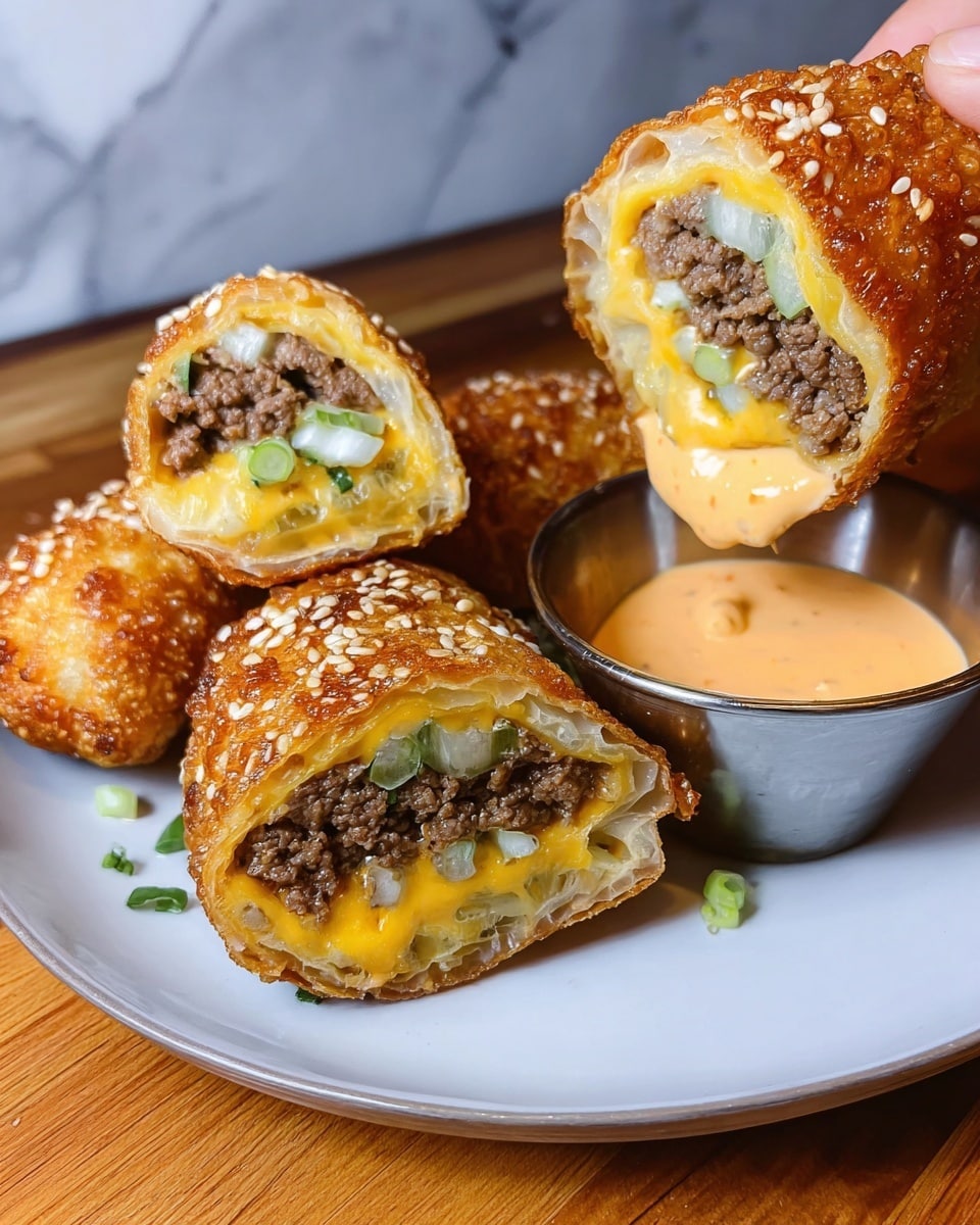 The image shows four golden brown fried egg rolls on a white plate, set on a white marbled surface. Two egg rolls are whole with a crispy texture and sesame seeds on top. One egg roll is cut open and stacked, revealing three layers: a bottom layer of melted yellow cheese, a middle layer of cooked ground beef with small green pepper pieces mixed in, and a top layer of cooked white onions and green peppers. The egg roll wrapper looks thin and crispy, with a bubbled surface from frying. Photo taken with an iphone --ar 4:5 --v 7