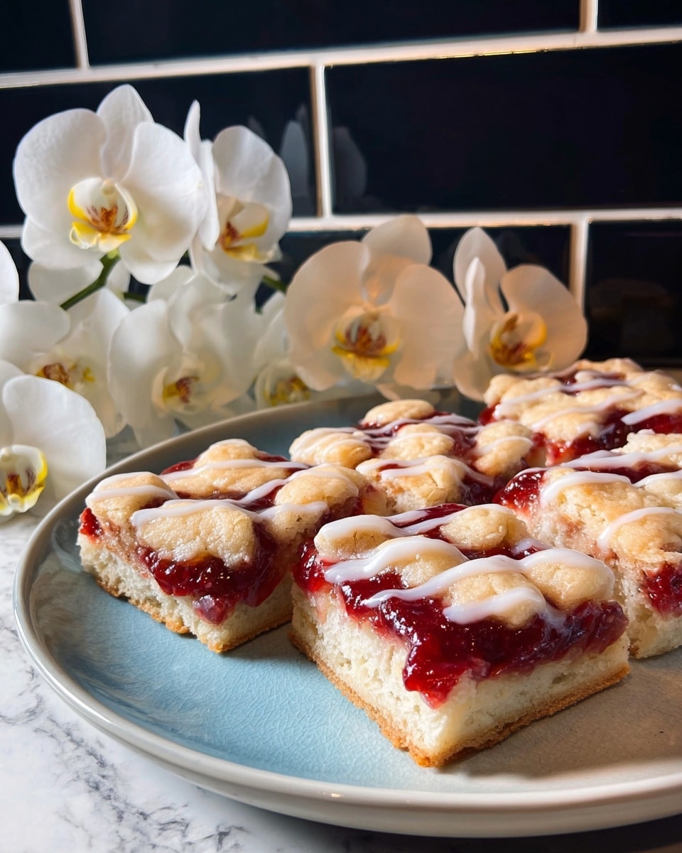 A close-up view of a dessert in a white rectangular dish with two visible layers; the bottom layer is bright red with a shiny, thick jam-like texture, and the top layer is made up of scattered golden-brown baked biscuit pieces with a slightly rough texture. The entire dish is drizzled with a white glaze in irregular thin lines, creating a contrast with the red and golden layers. The background shows a white marbled surface. Photo taken with an iphone --ar 4:5 --v 7