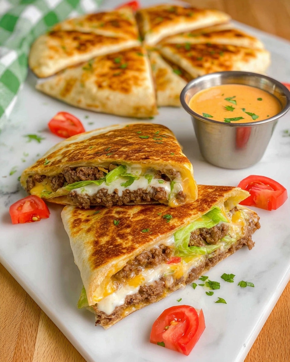 The image shows two halves of a folded tortilla filled with layers of browned ground meat at the bottom, melted cheese blending into a creamy white sauce layer, and small pieces of green lettuce and red tomato near the top. Each half has a golden-brown toasted exterior with grill marks, placed on a white triangular plate. Behind the halves, there is a whole, round folded tortilla with browned sections arranged like petals. A small metal cup of orange creamy sauce with green herbs on top sits on the plate along with scattered tomato pieces and green herbs, all set on a white marbled surface with a green checkered cloth on one side. photo taken with an iphone --ar 4:5 --v 7