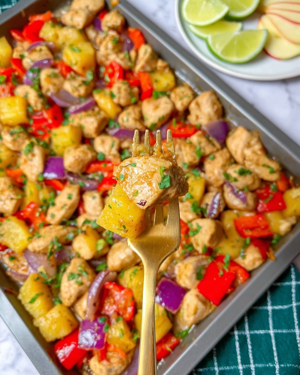 A large dark gray rectangular baking tray is filled with a colorful mix of cooked chicken pieces, bright yellow pineapple chunks, red and yellow bell peppers, and purple onion wedges. The chicken pieces are light beige and scattered evenly throughout the tray. The pineapple chunks are bright yellow, cut into small triangles, and mixed with diced red and yellow peppers that add vibrant color. Purple onion pieces with smooth texture are also mixed in. The dish is sprinkled with small green onion slices and white sesame seeds, adding a fresh and textured look. The tray rests on a white marbled surface with a white towel featuring blue stripes on the right side, which holds lime wedges, a chili pepper, and some sauce on a skewer. photo taken with an iphone --ar 4:5 --v 7