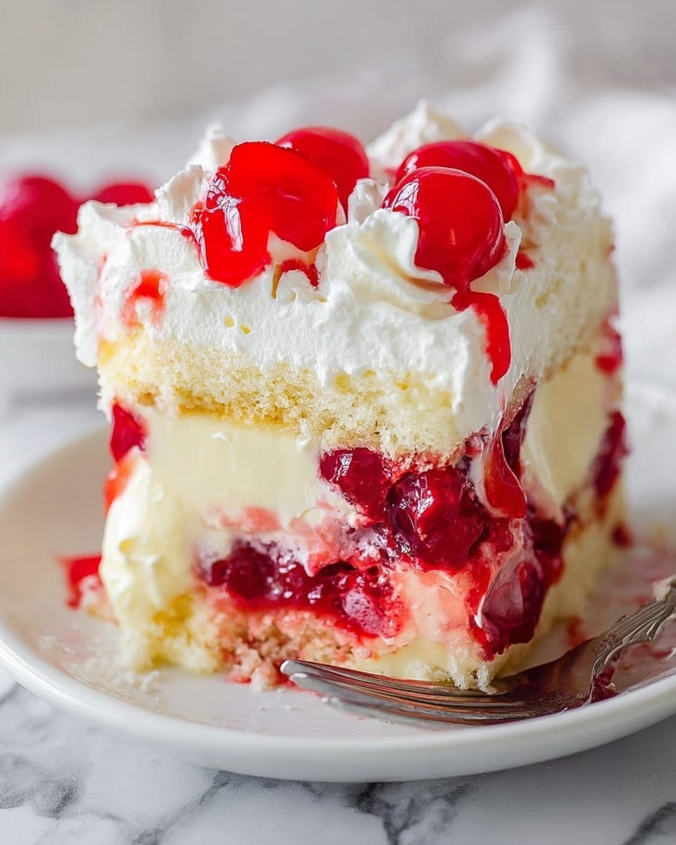 The image shows a slice of a layered dessert on a white plate placed on a white marbled surface. The dessert has three main layers: the bottom layer is white cake soaked in bright red cherry filling with visible cherry pieces; the middle layer is thick and creamy, pale yellow in color; the top layer is white whipped cream with smooth texture, decorated with bright red cherry sauce and whole cherries on top. There is also a silver fork resting near the dessert on the plate. The photo taken with an iphone --ar 4:5 --v 7
