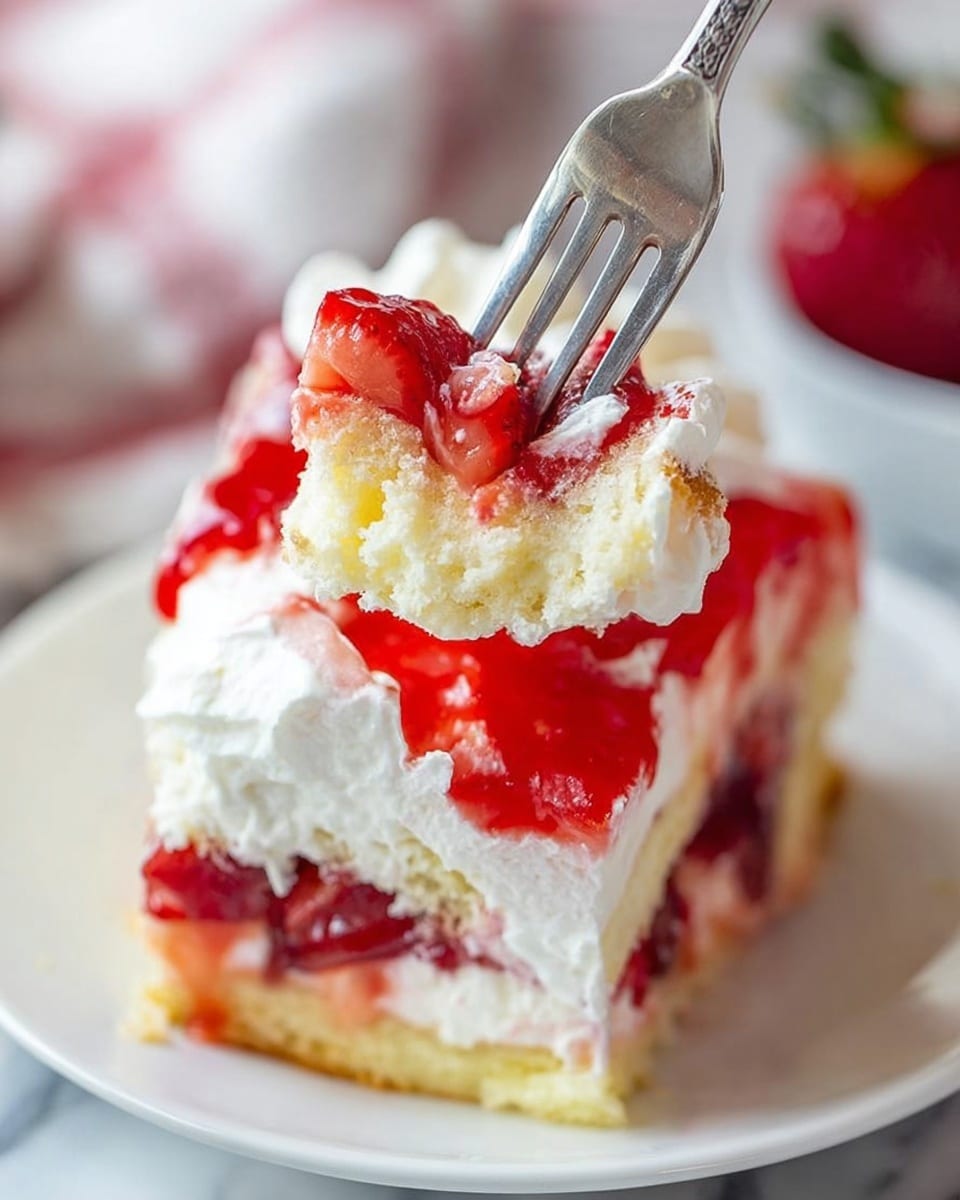 A close-up view of a white plate holding a layered strawberry shortcake slice. The bottom layer is a white sponge cake soaked slightly with red strawberry juice, topped by a thick layer of fresh red strawberry pieces with syrup. Above the strawberries is a fluffy, creamy white layer of whipped cream, and the top layer is a smooth white whipped cream with a glossy red strawberry glaze. A fork lifts a bite-sized piece from the cake, showing all layers clearly with soft textures and bright red and white colors. The background has a white marbled texture with soft blurred shapes. photo taken with an iphone --ar 4:5 --v 7